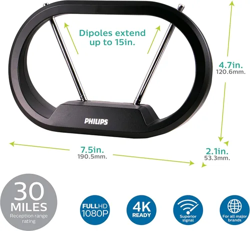 Miniatura 3 de Philips Antena de TV para interiores con orejas de conejo para canales locales, dipolos extensibles de 15 pulgadas, 4K 1080P VHF UHF, antena