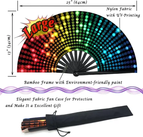 Miniatura 7 de Zolee Ventilador de mano plegable UV Glow Rave con varillas de bambú para hombres y mujeres, gran ventilador de festival Clack - para EDM, fiesta