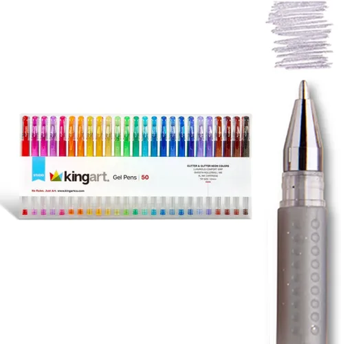 KINGART Bolígrafos de gel de punta redonda con purpurina, 50 colores brillantes con comodidad de agarre suave, cartucho de tinta XL, más tinta,