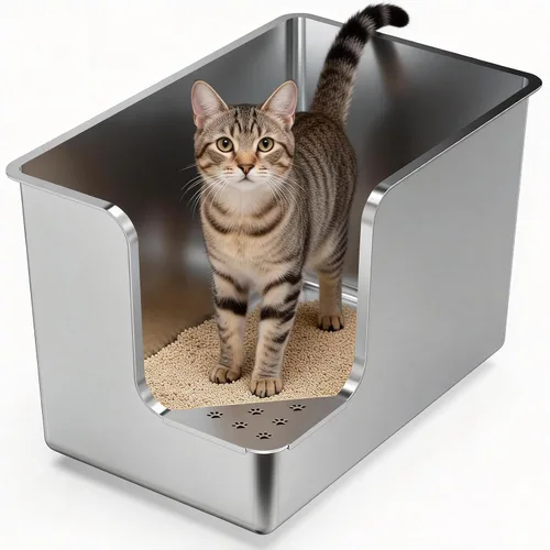 Caja de arena de acero inoxidable de 11.8 pulgadas de alto, caja de arena de metal XL para gatos, inodoro para mascotas con apertura de esquina,