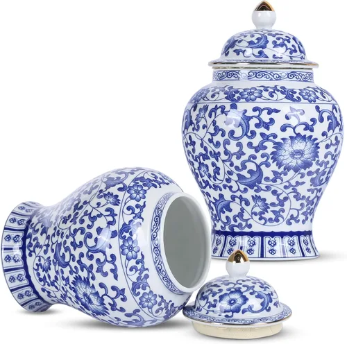 Miniatura 15 de XINGYAN Chinoiserie - Juego de 3 tarros de jengibre, porcelana china azul y blanca, tarro de almacenamiento decorativo para el hogar con tapa