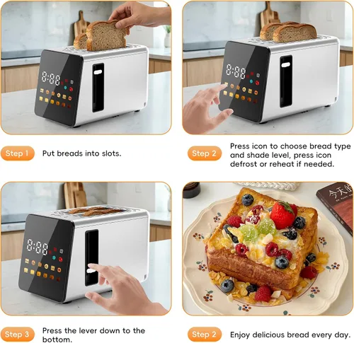 Miniatura 7 de WUNLY - Tostadora de 2 rebanadas con control táctil inteligente completo, función de memoria, tecnología de una sola ranura, 6 niveles de sombra y 6