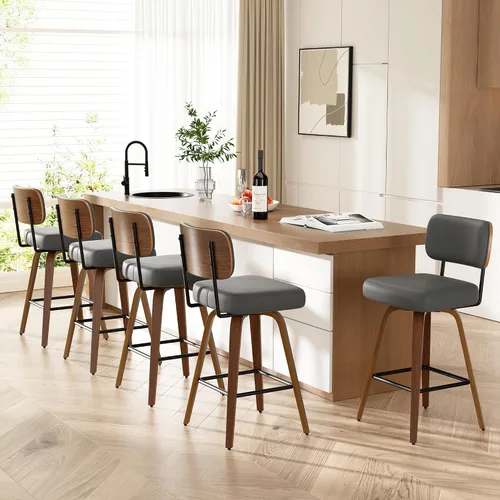 Miniatura 22 de Juego de 1 taburete de bar giratorio, taburetes de bar tapizados de 26" de altura para encimera con respaldo de nogal y patas de madera curvada