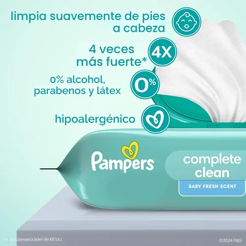 Miniatura 3 de Pampers Toallitas para bebé, limpieza completa y perfumada para bebé, limpia suavemente de la cabeza a los pies, 72 en total (1 paquete abatible)