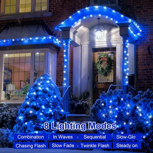 Miniatura 2 de QITONG Paquete de 2 luces solares azules y blancas de Navidad, cada cadena de 200 luces LED solares de 66 pies para exteriores, impermeable, 8 modos