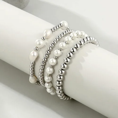 Miniatura 5 de Pulseras de cuentas de oro para mujer, perlas barrocas apilables, chapadas en oro de 14 quilates, pulsera de bolas elásticas para regalo de joyería
