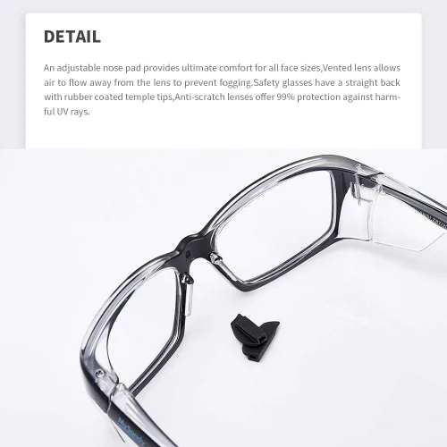 Miniatura 9 de Gafas de Seguridad Graduables Antiempañantes con Bloqueador de Luz Azul, Brazos de Goma Suave Ajustables y Antideslizantes y Almohadillas