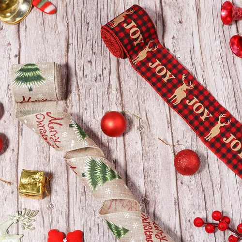 Miniatura 3 de Cinta de Navidad con cable de 2.5 pulgadas x 11 yardas, cinta de Navidad roja y de arpillera para coronas, lazos, manualidades, 2.5 pulgadas