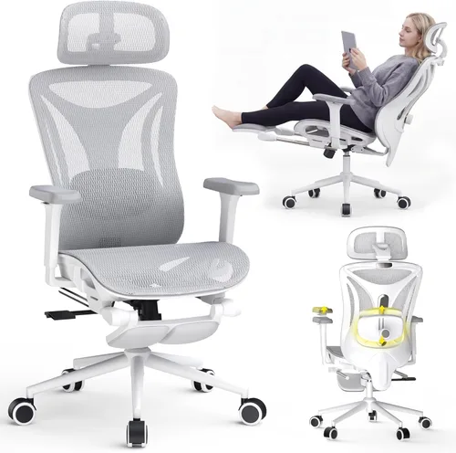 Miniatura 12 de CYKOV Silla de oficina ergonómica con reposapiés, soporte lumbar ajustable y reposacabezas, silla de computadora reclinable de malla de 90-160°