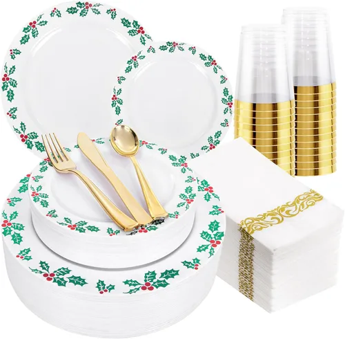 FLOWERCAT Juego de 175 piezas de platos de Navidad y platos de bayas de acebo - Platos desechables de Navidad Incluyen 50 platos de plástico de