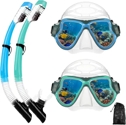 Miniatura 25 de Equipo de esnórquel para adultos, jóvenes y niños, juego de máscara de esnórquel con parte superior seca, juego de máscara de buceo antivaho