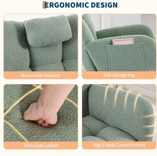 Miniatura 10 de Mecedora deslizadora tapizada con patas de madera para sala de estar, dormitorio, cuarto de bebé, incluye bolsillos laterales