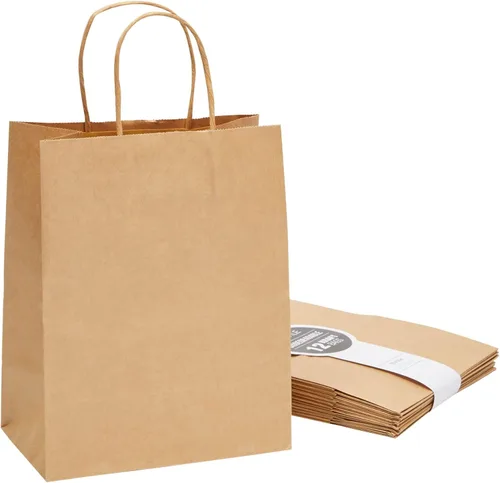 Juvale Bolsas de regalo marrones con asas, paquete de 12 unidades, grandes, marrones, 8 x 4.75 x 10 pulgadas, papel de 120 GSM, bolsas de regalo de