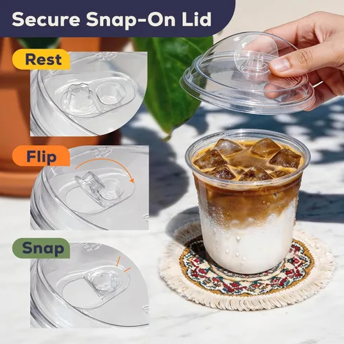 Miniatura 3 de Fit Meal Prep Paquete de 100 vasos de plástico transparente de fondo redondo de 12 onzas con tapas sin popote, tazas de café helado desechables