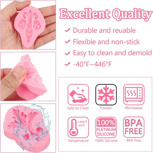 Miniatura 7 de Moldes de fondant de plumas barrocos en relieve, 3 piezas, moldes de silicona de chocolate con pergamino europeo para cupcakes, pasta de flores
