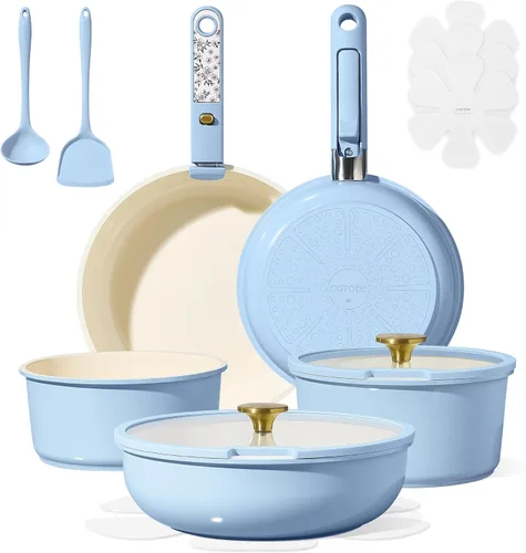 CAROTE Juego de utensilios de cocina de cerámica de 15 piezas, juego de ollas y sartenes antiadherentes, juego de cocina de cocina con mango Azul