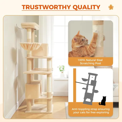 Miniatura 7 de PEQULTI Árbol para gatos de interior de 66 pulgadas, torre alta para gatos grandes con poste rascador, hamaca de metal súper grande y 2 condominios
