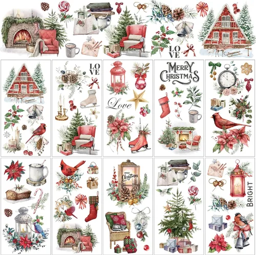 Miniatura 12 de Lincia 10 hojas de calcomanías para transferencia de manualidades y muebles, calcomanías de muñeco de nieve, gnomo de reno, vintage