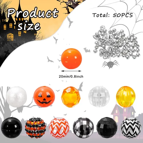 Miniatura 2 de Whaline Juego de 50 cuentas de Halloween de 0.787 pulgadas (0.787 in) mixtas de chicle, cuentas espaciadoras de Jack-O-Lantern, cuentas espaciadoras