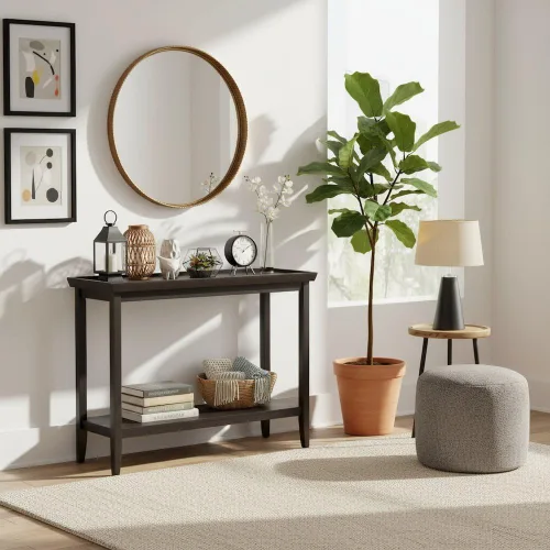 Miniatura 4 de Furnifact Mesa consola de pasillo con repisa elevada, patas de madera maciza cónicas, mesa de acento de entrada, acabado negro duradero