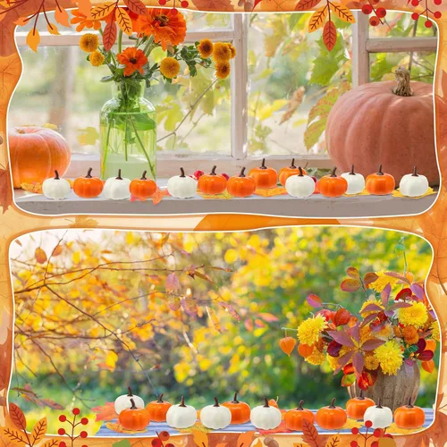 Miniatura 7 de Thyle 400 piezas de decoración de otoño a granel, 200 mini calabazas falsas y 200 piezas de hojas de otoño, juego de calabaza artificial
