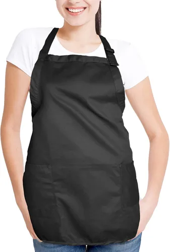 Miniatura 4 de Delantal de cocina para restaurante u hogar, estilo pechera, de hilado de poli algodón (2 bolsillos), Algodón, Negro, 30