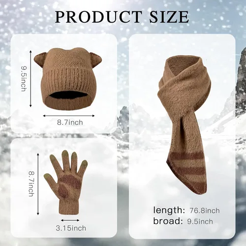 Miniatura 2 de Gorro de punto de invierno para mujer, guantes para pantalla táctil, bufandas, cálido y suave, con orejas de gato, gorras de calavera, bufandas