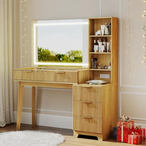 Miniatura 8 de Escritorio de maquillaje estriado: escritorio de tocador de maquillaje de roble de 48 pulgadas con espejo grande de 36 pulgadas y luces, tocador
