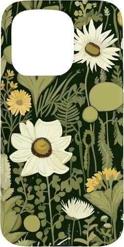 Miniatura 13 de iPhone 13 Wildflower, patrón de flores botánicas verdes, funda de flores silvestres boho