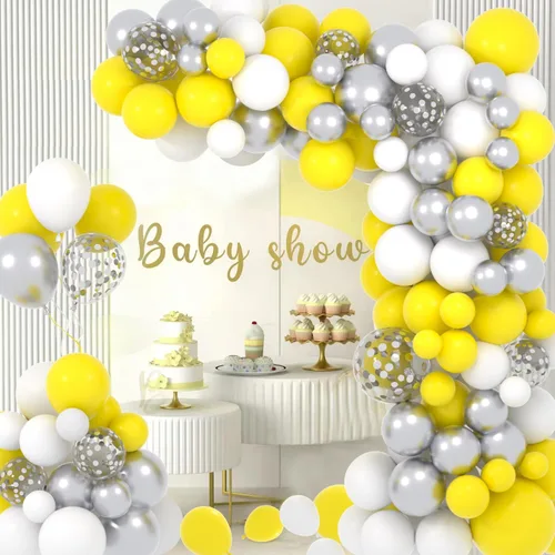 Miniatura 3 de Kit de guirnalda de globos amarillos y blancos, 122 globos blancos y amarillos, globos de confeti plateados metálicos para parrillas de limón