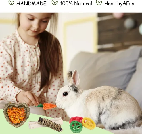 Miniatura 5 de VESPRO Juguetes para conejos, 21 piezas de juguetes masticables para conejos para dientes, golosinas naturales para conejillos de indias, palitos