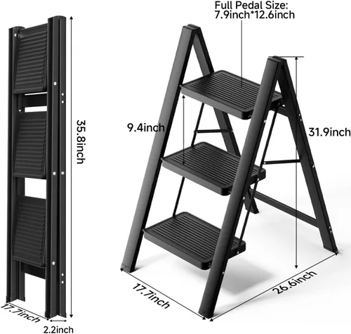 Miniatura 5 de SOLADDER Escalera plegable de 3 escalones, taburete pequeño para adultos, escalera de hierro antideslizante portátil con pedales anchos para uso