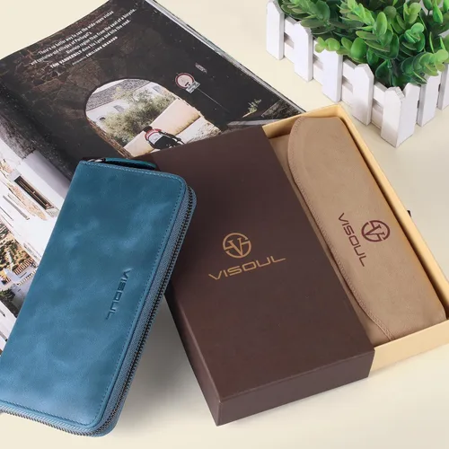 Miniatura 26 de VISOUL Cartera larga de cuero con cremallera para hombres y mujeres con bloqueo RFID, cartera larga de embrague grande con cremallera, Negro