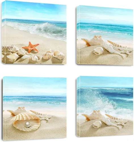 Sandy Beach Shells - Lienzo con diseño de estrellas de mar y conchas de playa, arte de pared moderno, enmarcado para decoración de oficina en casa,