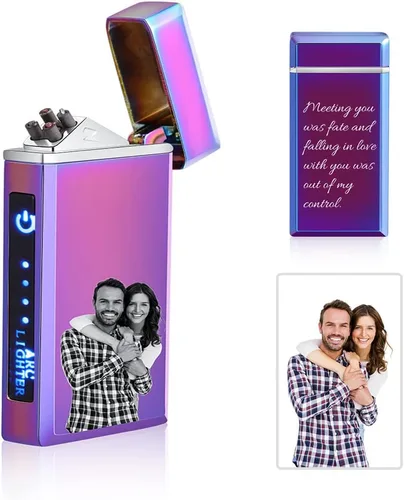 Encendedor de arco eléctrico con foto personalizada USB recargable a prueba de viento, interruptor táctil grabado personalizado con indicador de
