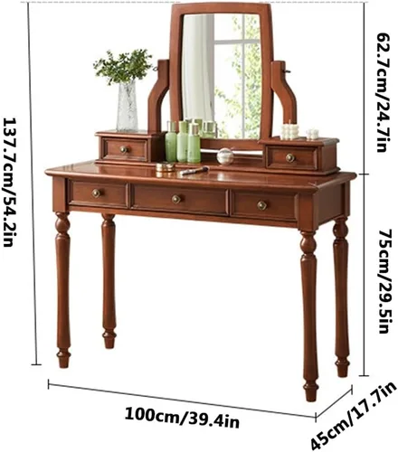 Miniatura 4 de 39.4in Vintage Vanity Desk with Adjustable Angle Mirror, Wooden Dressing Table Set for Bedroom with 5 Drawers, Cushioned Stool