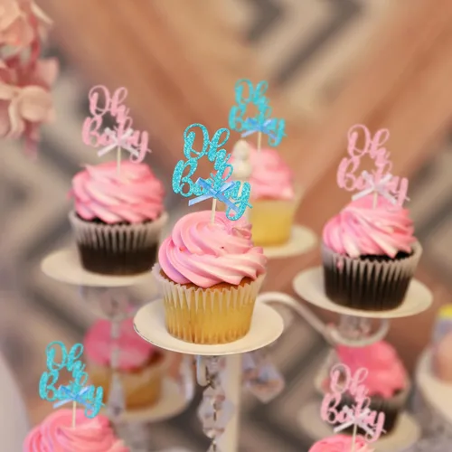 Miniatura 6 de Gyufise 36 piezas de decoraciones para cupcakes Oh Baby, arcoíris rosa y azul con purpurina, para baby shower, revelación de género, cupcakes para B