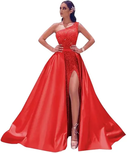 QQcute Vestidos de fiesta de lentejuelas de un hombro para mujer, largos con abertura, vestidos de baile de satén brillantes, vestidos de noche
