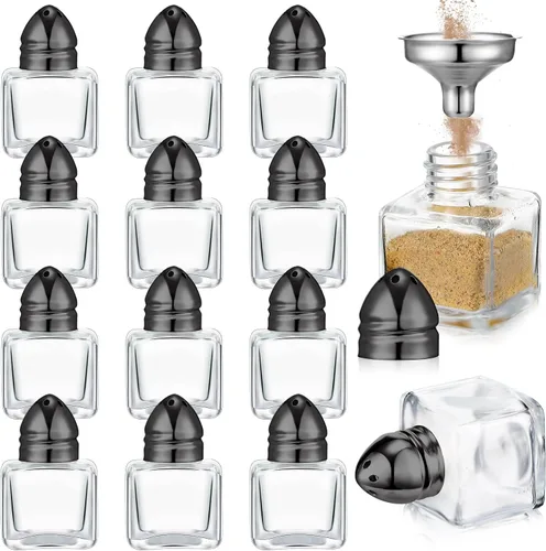 Miniatura 8 de Uiifan Juego de 12 piezas 0.5 oz de forma cúbica, pequeños saleros y pimenteros con tapas tonales, frascos de condimentos de vidrio transparente