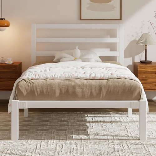 Miniatura 9 de E-Motie - Base de cama de tamaño individual, marco de cama de plataforma metálica con cabecero y estribo, espacio de almacenamiento debajo