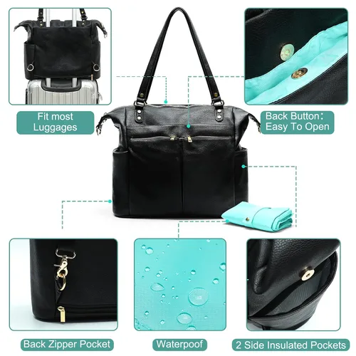 Miniatura 8 de Bolsa de pañales Mominside de piel para pañales con 14 bolsillos para mamá papá, búsqueda de registro de bebé, bolsa grande de viaje para niños