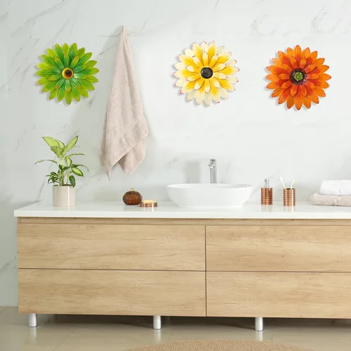 Miniatura 5 de Hotop 3 piezas de arte de pared de metal con diseño de margaritas de metal 3D, flores colgantes de múltiples capas, decoración rústica