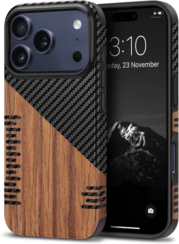 Miniatura 9 de TENDLIN Compatible con iPhone 17 Pro Max Funda de madera con textura de fibra de carbono Diseño de cuero híbrido delgado (negro)
