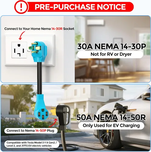 Miniatura 2 de CircleCord Cable adaptador de cargador EV NEMA de 4 clavijas 14-30P a 14-50R compatible con Tesla Model 3/S/X/Y, secadora de 30 amperios a EV de 50