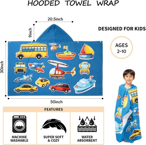 Miniatura 5 de Gealaek Toalla con Capucha para Niños de 2 a 10 Años, Niños y Niñas, Toalla de Baño, Piscina, Playa, Poncho de Playa Suave y Absorbente (Coches)
