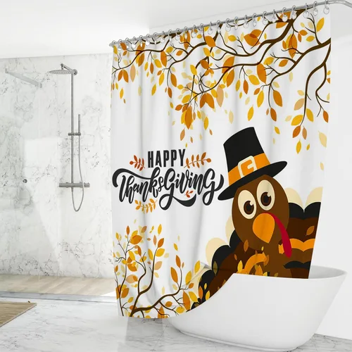 Miniatura 2 de Mocsicka Cortina de ducha de Acción de Gracias, diseño de pavo y hojas de otoño, cortina de ducha de baño, cortina de baño de 72 x 72 pulgadas
