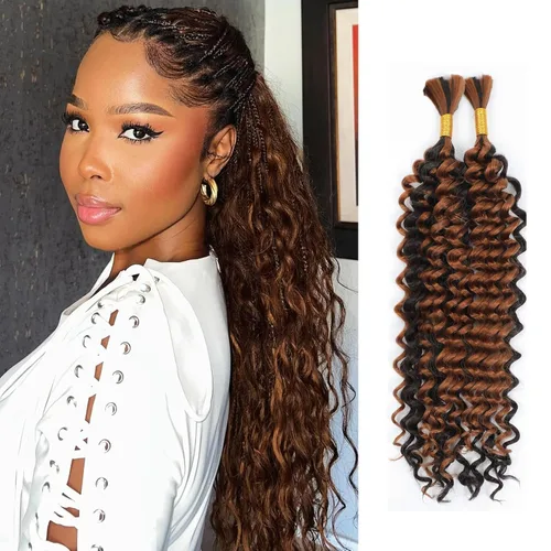 Miniatura 26 de Mezcla de cabello humano trenzado sintético bohemio para trenzar, 16 pulgadas de onda profunda a granel para trenzas bohemias, 2 piezas de cabello 1b
