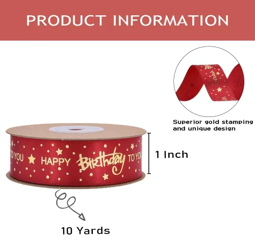 Miniatura 2 de Cinta de feliz cumpleaños de 1 pulgada, cintas de satén de cumpleaños rojas con estampado dorado para decoración de cumpleaños, envoltura