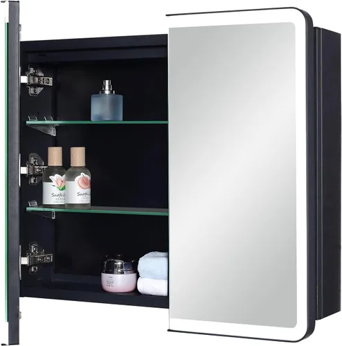 Miniatura 8 de IDYLLOR Botiquín iluminado para baño con puerta de espejo con marco de esquina redonda de 15 x 25 pulgadas, apertura a la derecha, empotrado