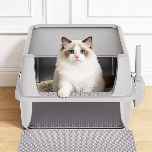 Miniatura 8 de Henkelion Caja de arena para gatos de acero inoxidable con tapa, caja de arena extra grande para gatos grandes con lados altos, antiadherente
